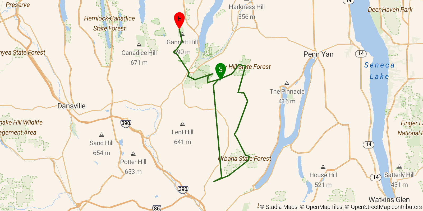 Route map of the Bristol Hills Branch Trail on OpenStreetMap terrain
