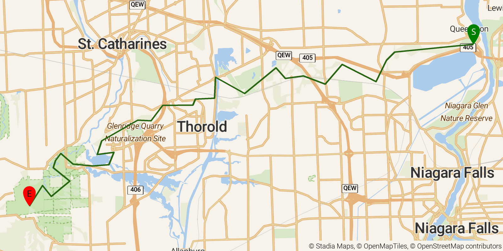 Route map of the Bruce Trail — Section 1a: Niagara 1: Queenston to Short Hills on OpenStreetMap terrain