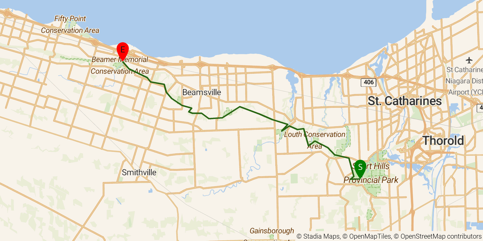 Route map of the Bruce Trail — Section 1b: Niagara 2: Short Hills to Grimsby on OpenStreetMap terrain
