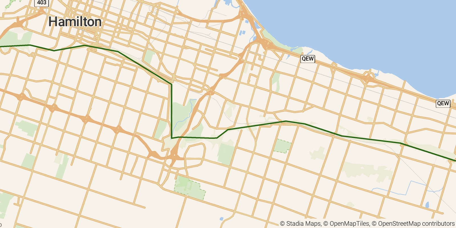 Route map of the Bruce Trail — Section 2a: Iroquoia 1: Grimsby to Dundas Valley on OpenStreetMap terrain