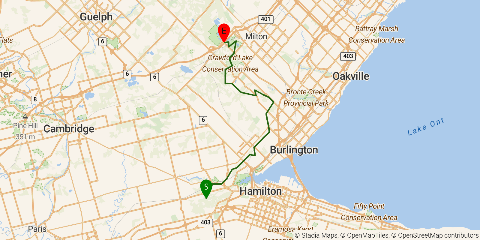 Route map of the Bruce Trail — Section 2b: Iroquoia 2: Dundas Valley to Kelso on OpenStreetMap terrain