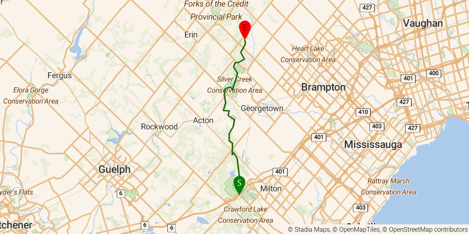 Route map of the Bruce Trail — Section 3: Toronto on OpenStreetMap terrain