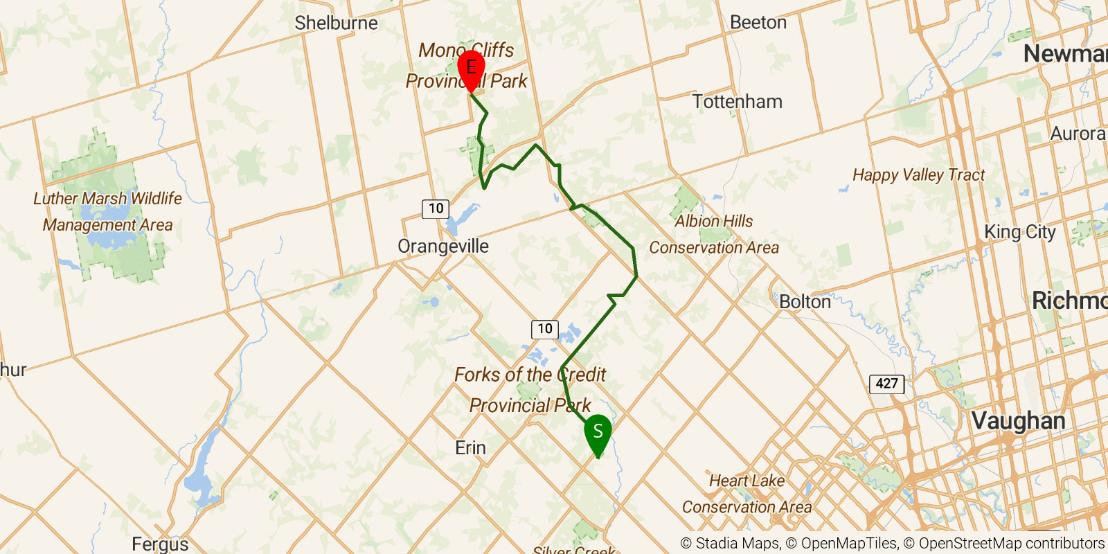 Route map of the Bruce Trail — Section 4: Caledon Hills on OpenStreetMap terrain
