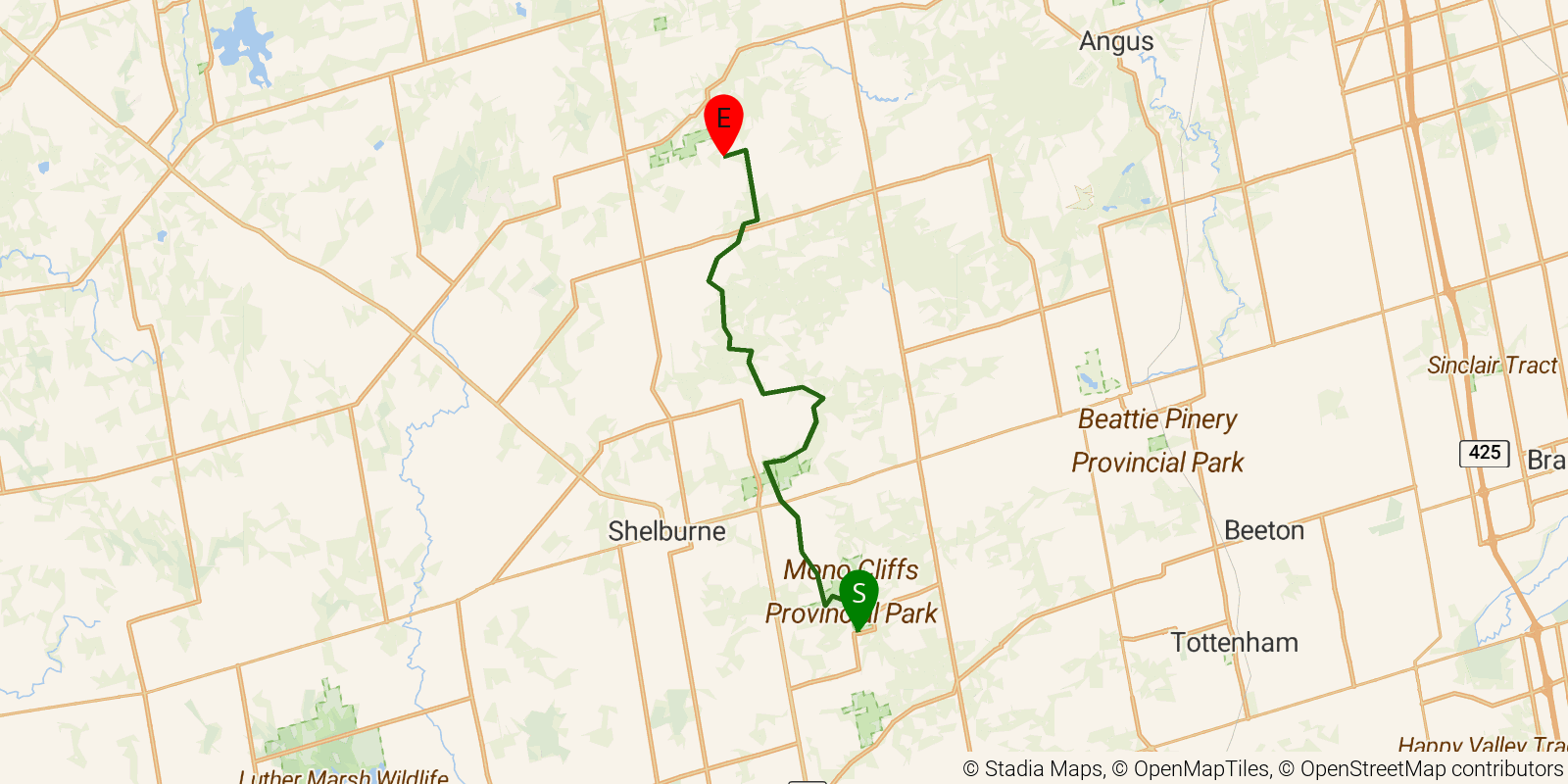 Route map of the Bruce Trail — Section 5: Dufferin Hi-Land on OpenStreetMap terrain