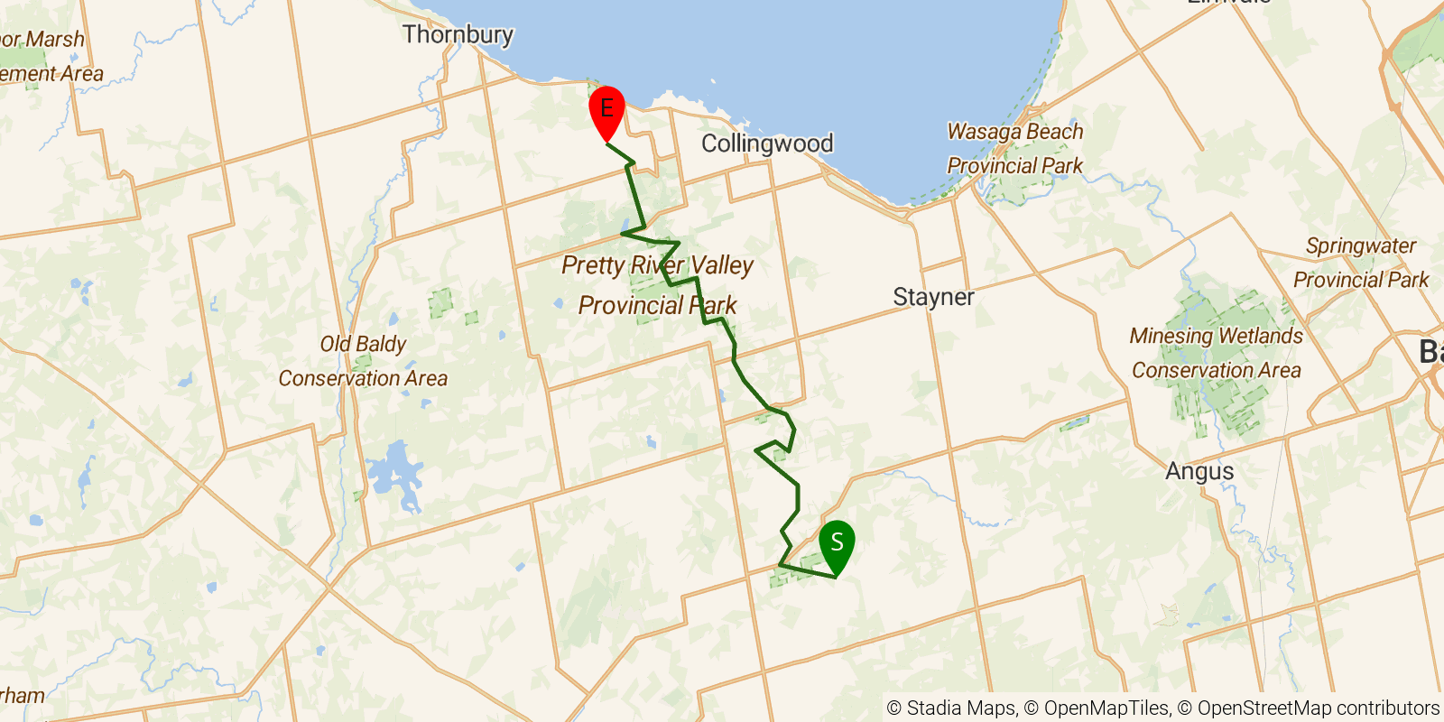 Route map of the Bruce Trail — Section 6: Blue Mountains on OpenStreetMap terrain