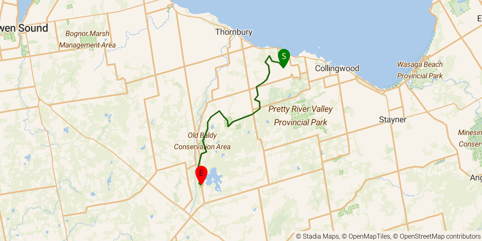 Route map of the Bruce Trail — Section 7a: Beaver Valley 1: Blue Mountains boundary to Eugenia Falls on OpenStreetMap terrain