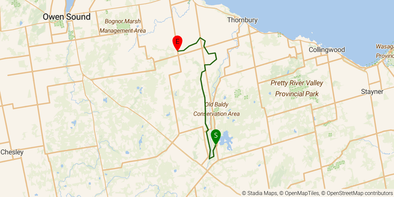 Route map of the Bruce Trail — Section 7b: Beaver Valley 2: Eugenia Falls to Sydenham boundary on OpenStreetMap terrain