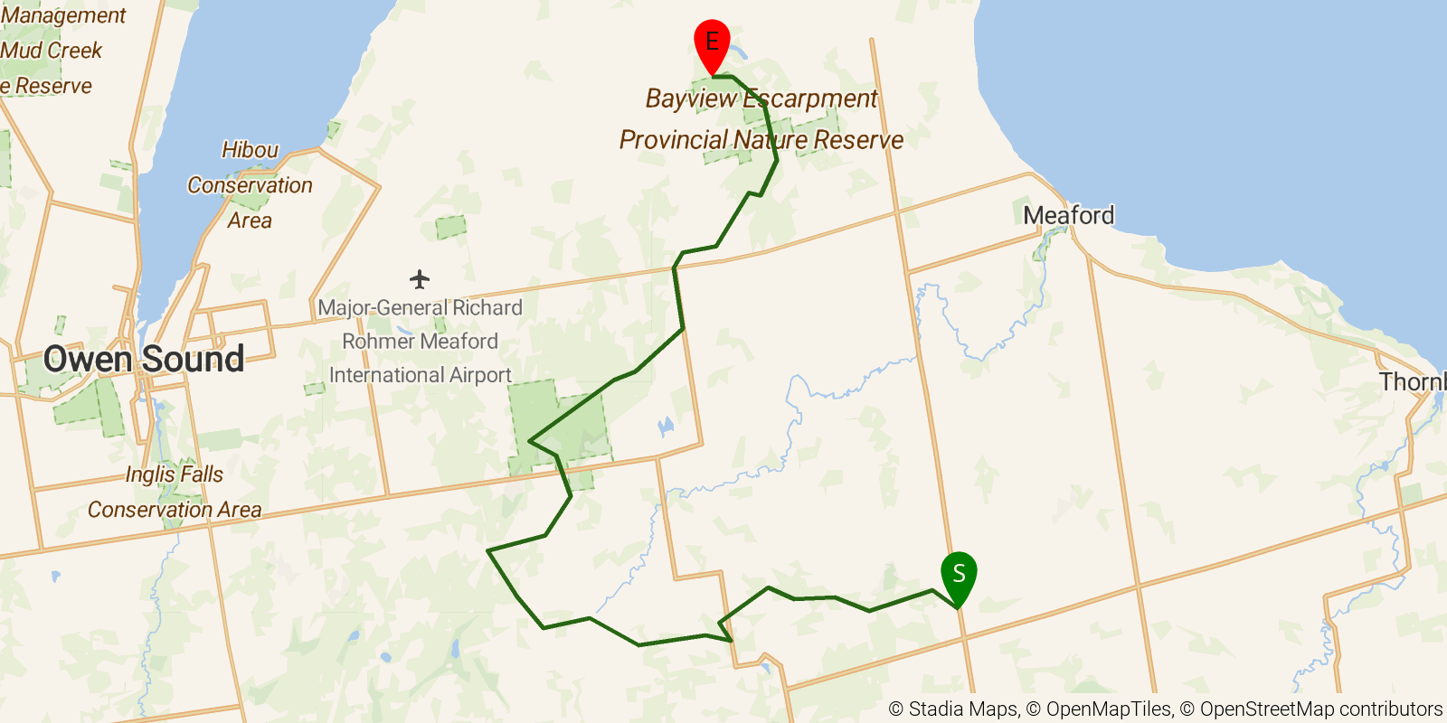 Route map of the Bruce Trail — Section 8a: Sydenham 1: Beaver Valley boundary to Bayview Escarpment on OpenStreetMap terrain