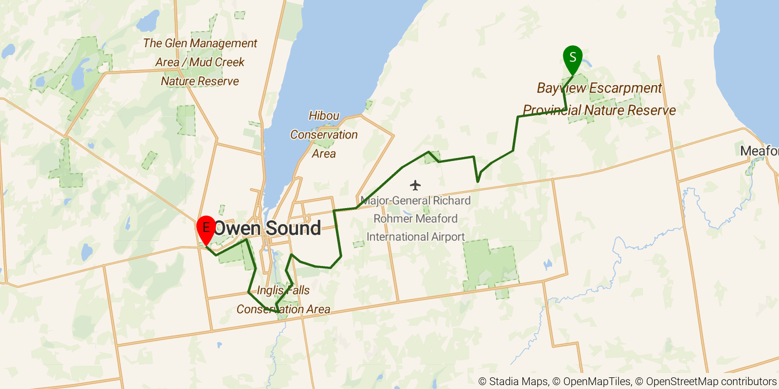 Route map of the Bruce Trail — Section 8b: Sydenham 2: Bayview Escarpment to Jones Falls on OpenStreetMap terrain