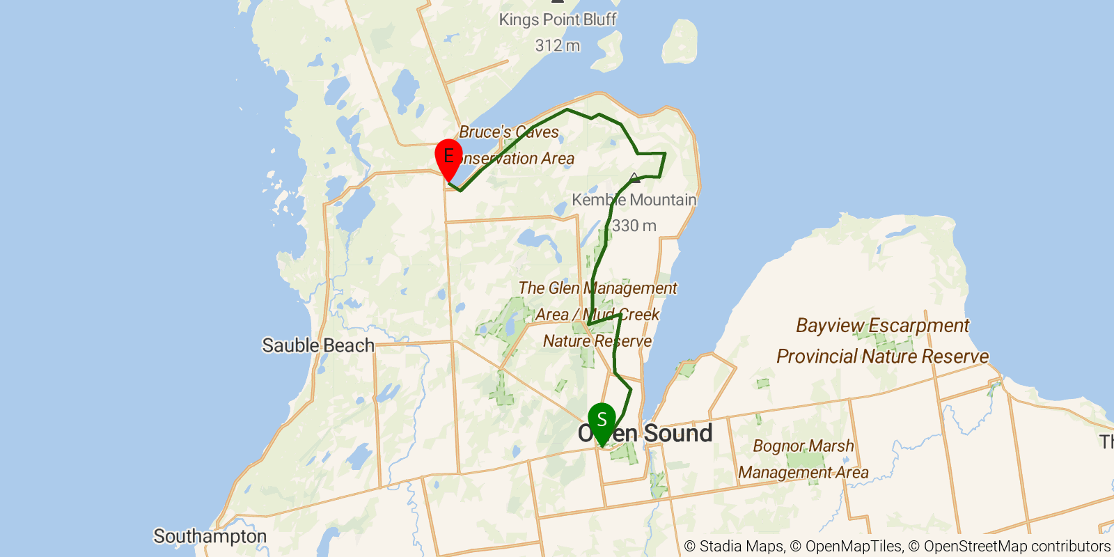 Route map of the Bruce Trail — Section 8c: Sydenham 3: Jones Falls to Wiarton on OpenStreetMap terrain