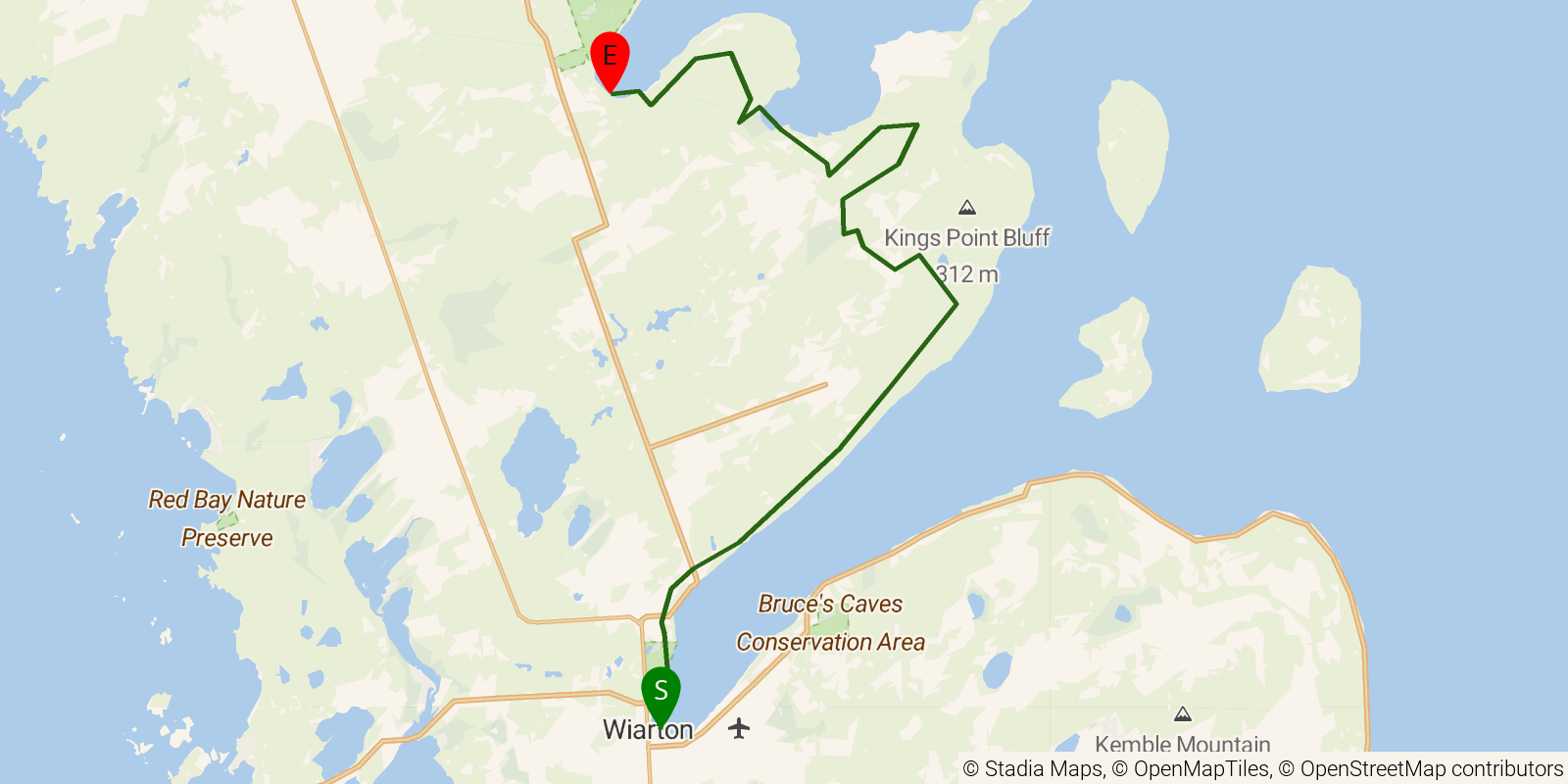 Route map of the Bruce Trail — Section 9a: Peninsula 1: Wiarton to Hope Bay on OpenStreetMap terrain