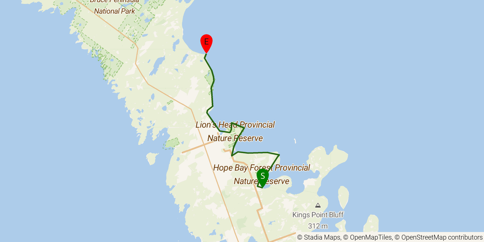 Route map of the Bruce Trail — Section 9b: Peninsula 2: Hope Bay to Cape Chin on OpenStreetMap terrain