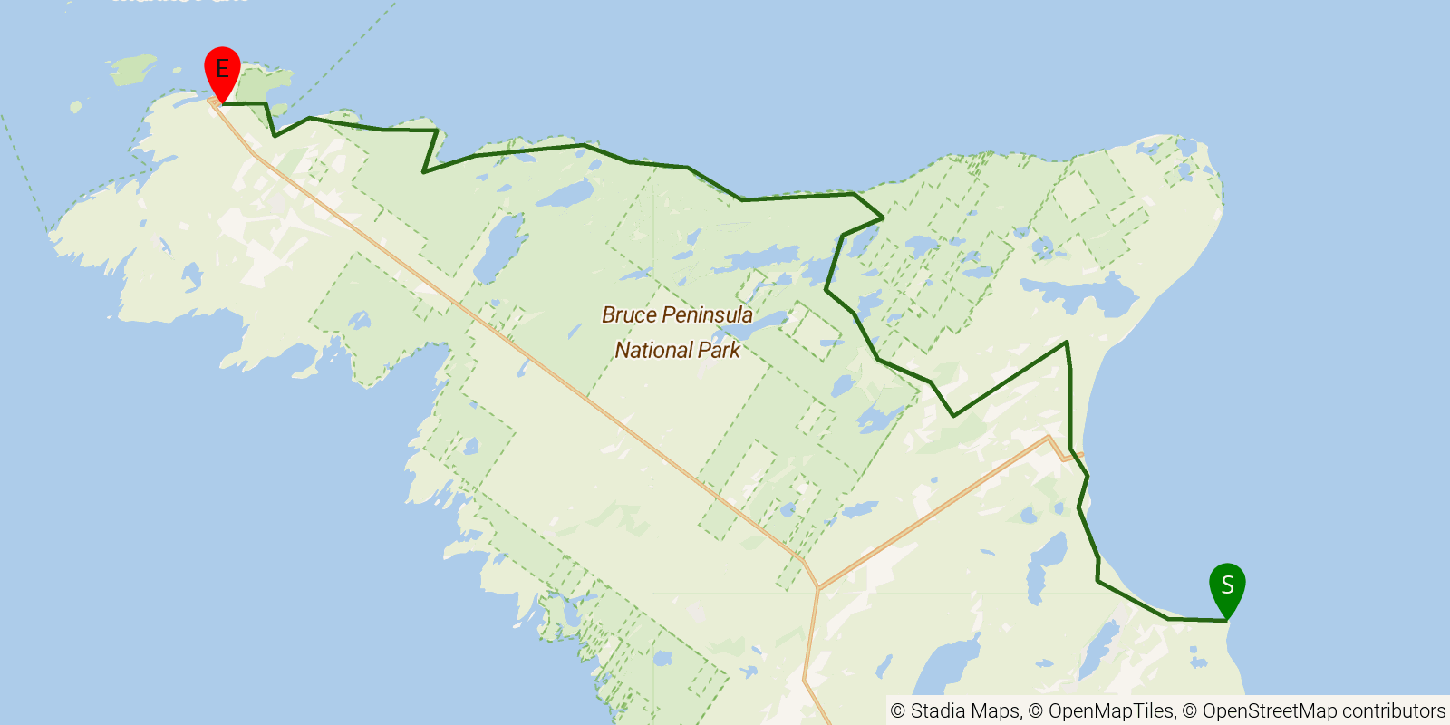 Route map of the Bruce Trail — Section 9c: Peninsula 3: Cape Chin to Tobermory on OpenStreetMap terrain