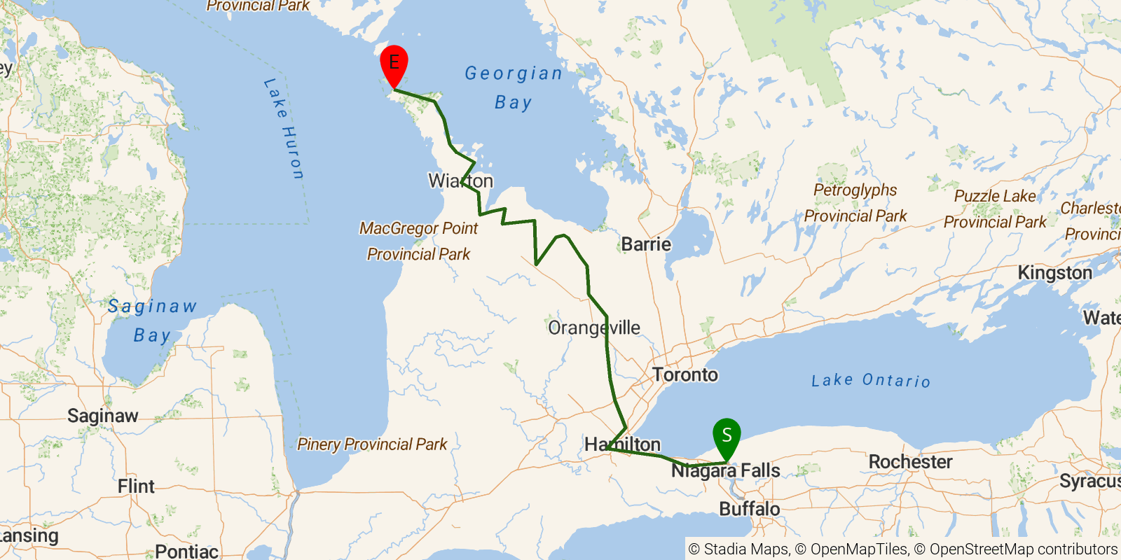 Route map of the Bruce Trail on OpenStreetMap terrain