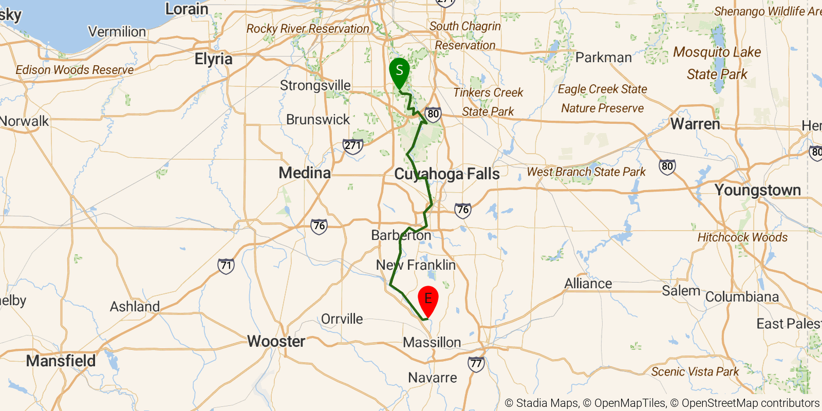 Route map of the Buckeye Trail (Akron) on OpenStreetMap terrain