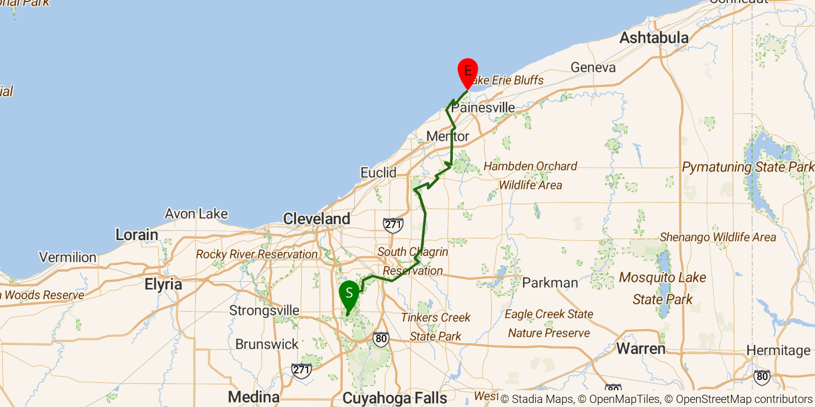 Route map of the Buckeye Trail (Bedford) on OpenStreetMap terrain