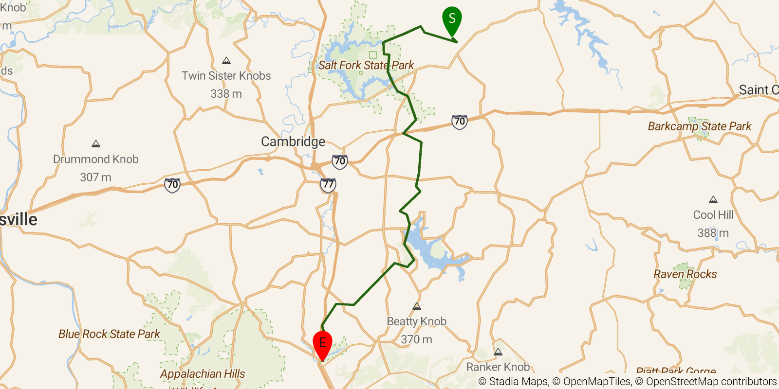Route map of the Buckeye Trail (Belle Valley) on OpenStreetMap terrain