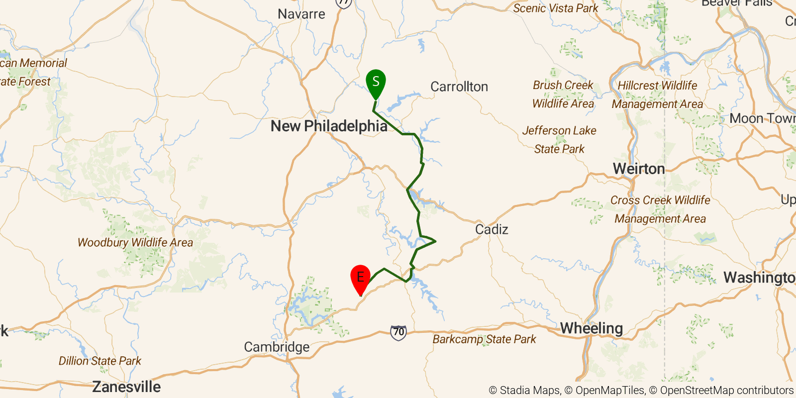 Route map of the Buckeye Trail (Bowerston) on OpenStreetMap terrain