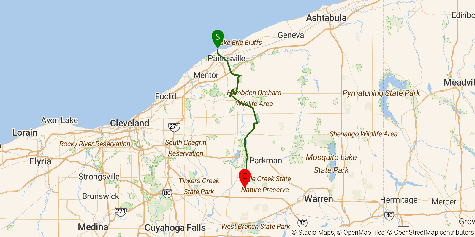 Route map of the Buckeye Trail (Burton) on OpenStreetMap terrain