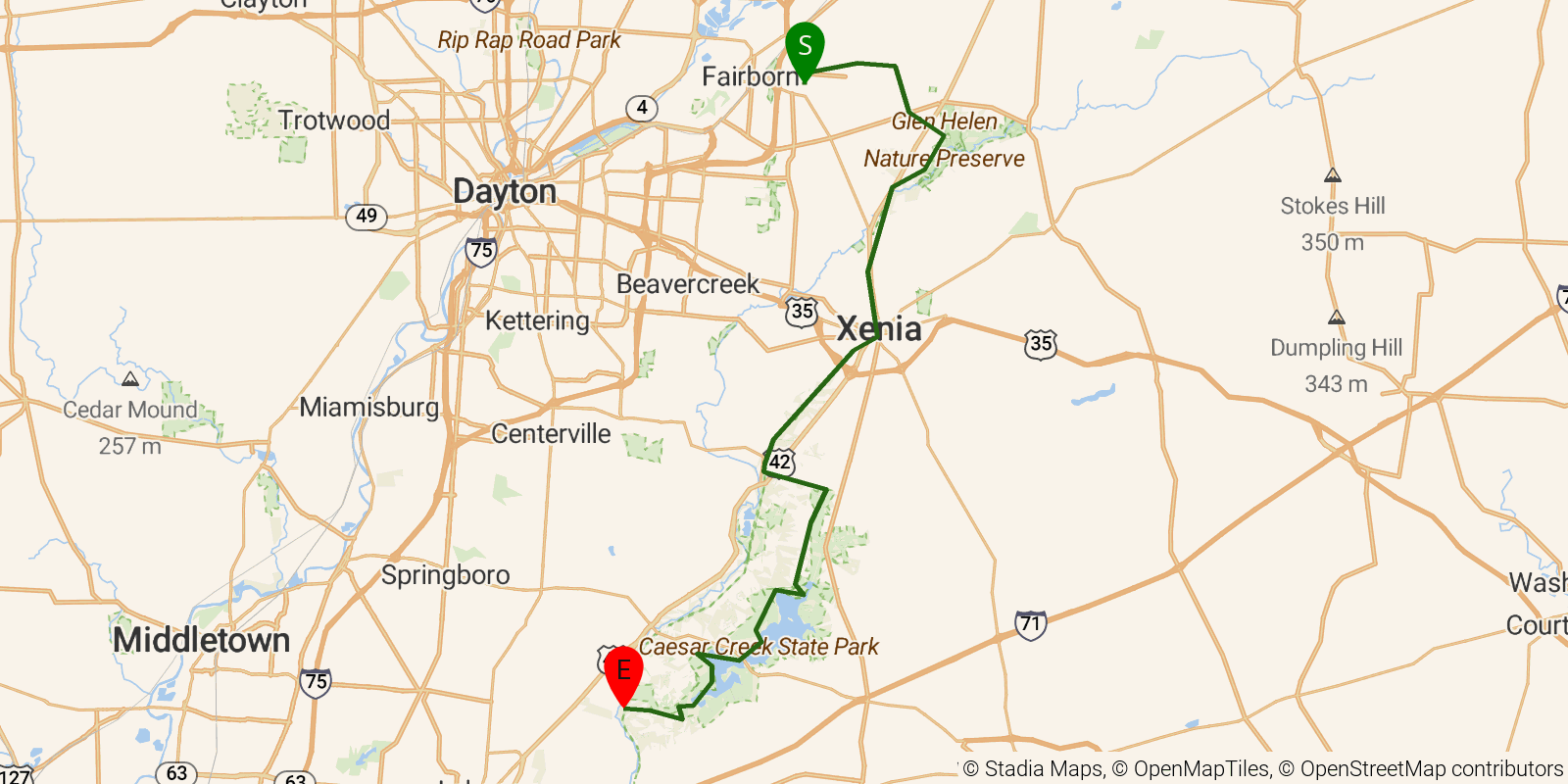 Route map of the Buckeye Trail (Caesar Creek) on OpenStreetMap terrain