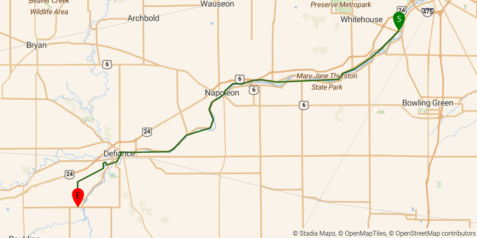 Route map of the Buckeye Trail (Defiance) on OpenStreetMap terrain