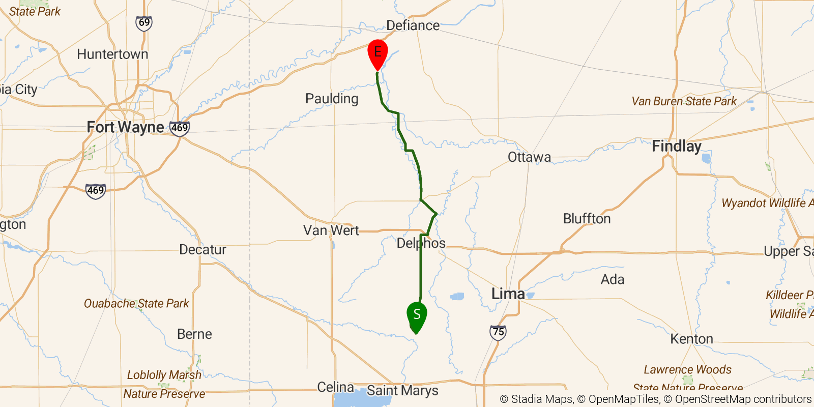 Route map of the Buckeye Trail (Delphos) on OpenStreetMap terrain