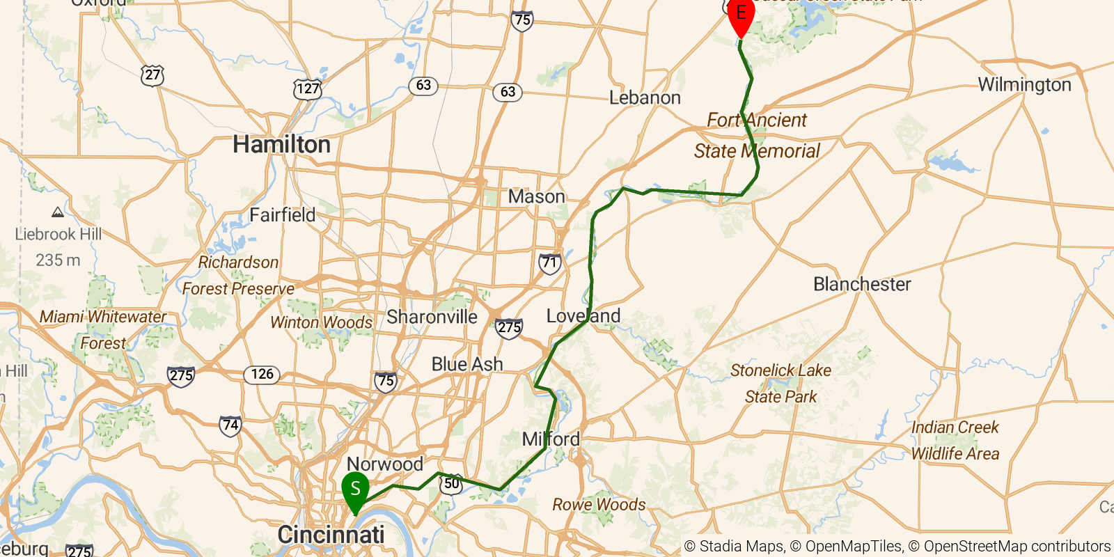 Route map of the Buckeye Trail (Loveland) on OpenStreetMap terrain