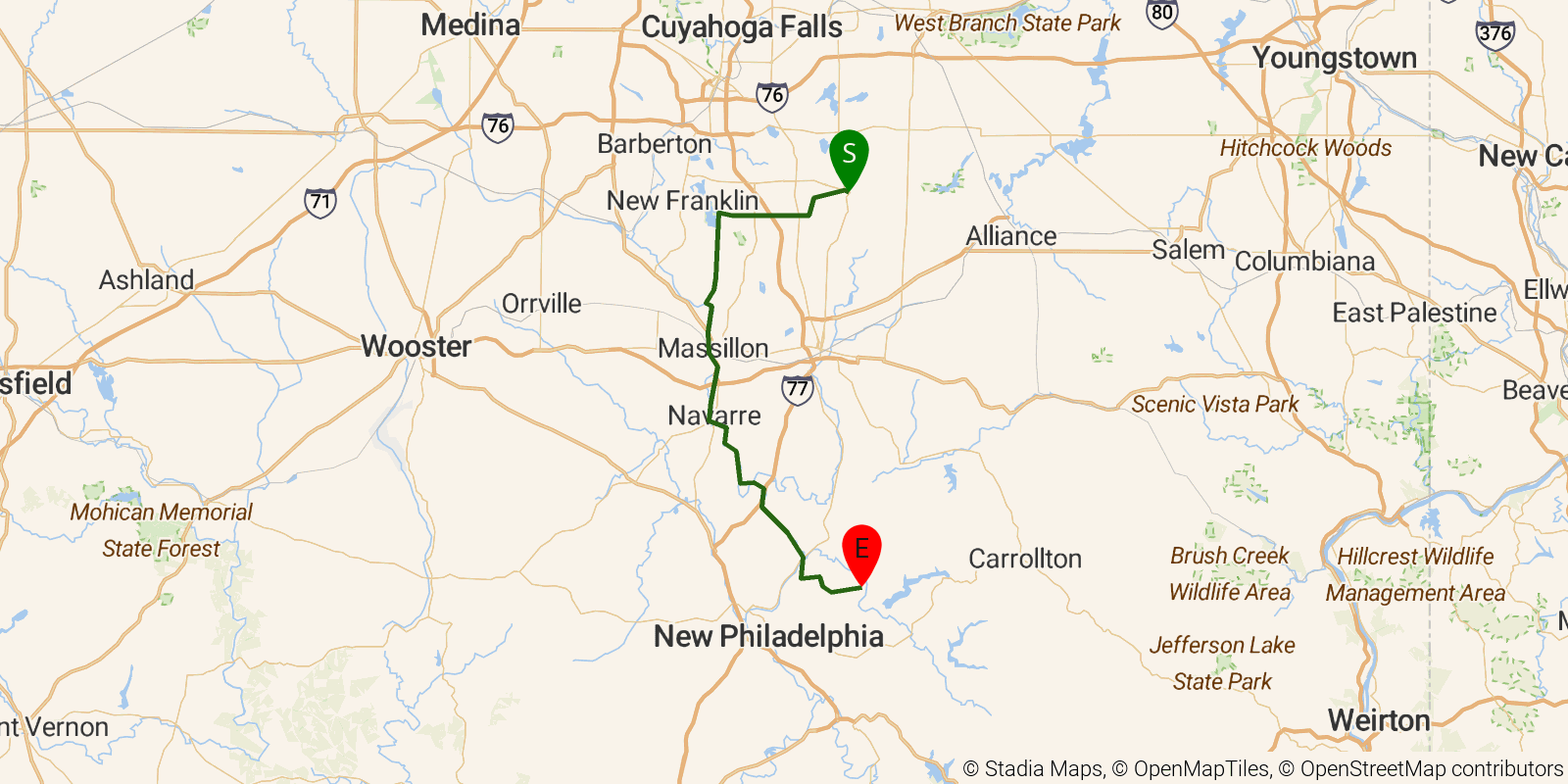 Route map of the Buckeye Trail (Massillon) on OpenStreetMap terrain