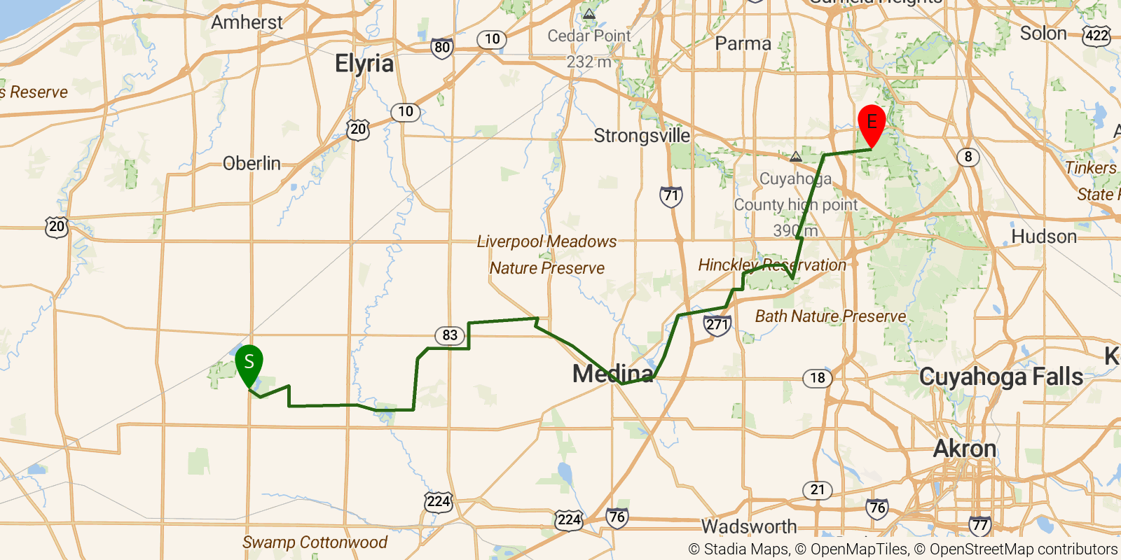 Route map of the Buckeye Trail (Medina) on OpenStreetMap terrain