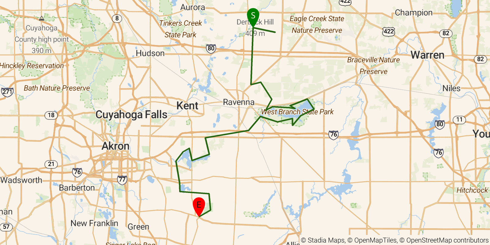 Route map of the Buckeye Trail (Mogadore) on OpenStreetMap terrain