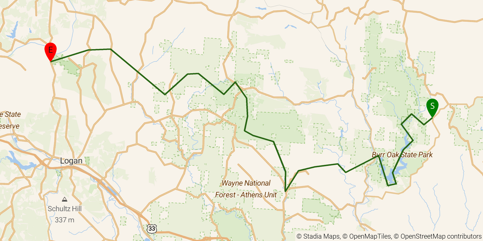 Route map of the Buckeye Trail (New Straitsville) on OpenStreetMap terrain