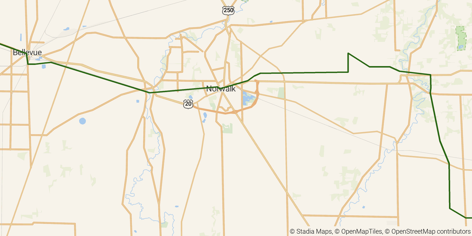 Route map of the Buckeye Trail (Norwalk) on OpenStreetMap terrain