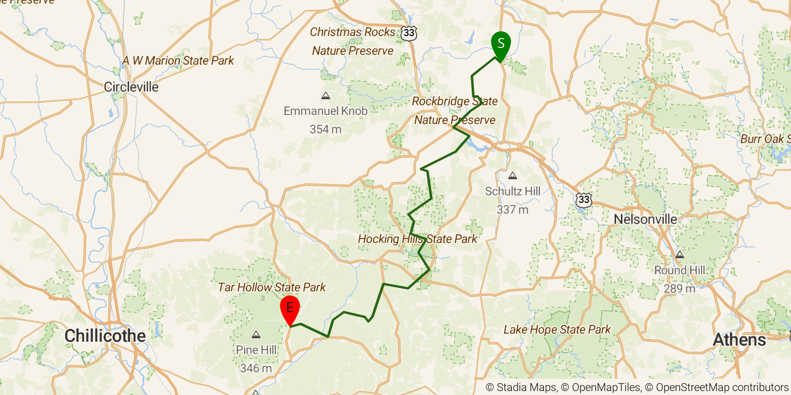 Route map of the Buckeye Trail (Old Mans Cave) on OpenStreetMap terrain