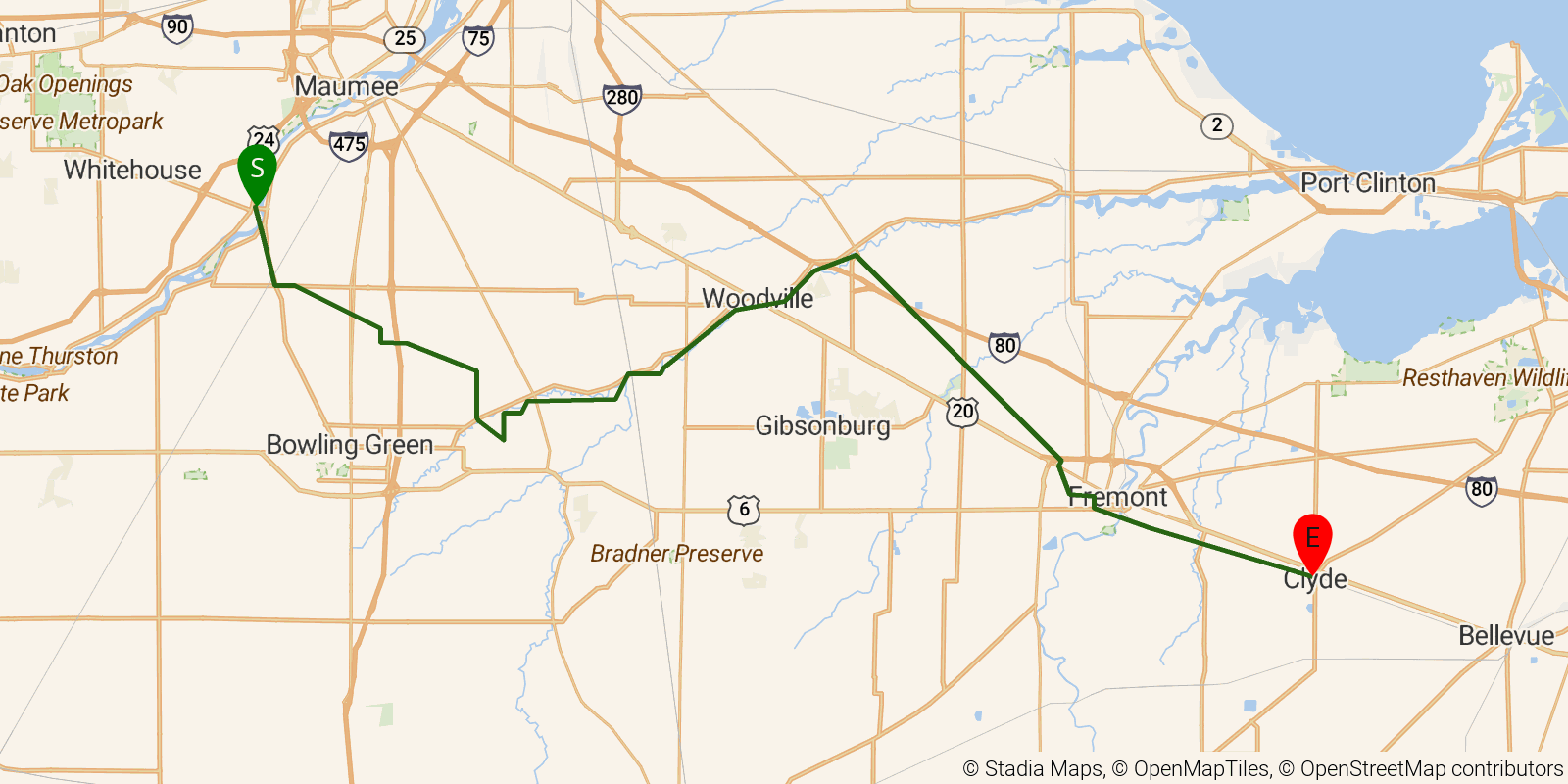 Route map of the Buckeye Trail (Pemberville) on OpenStreetMap terrain