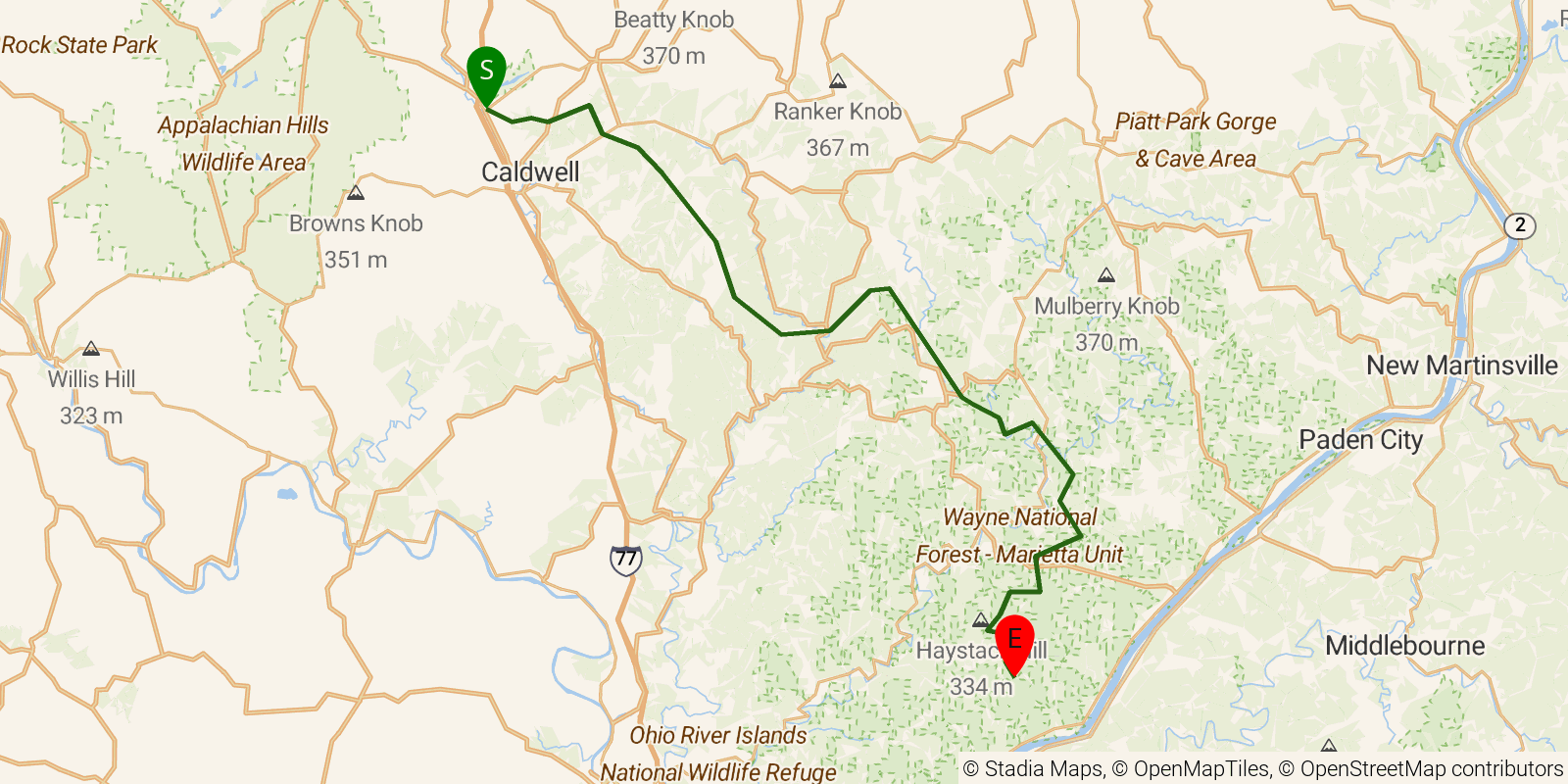 Route map of the Buckeye Trail (Road Fork) on OpenStreetMap terrain