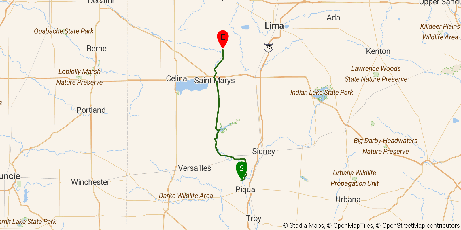 Route map of the Buckeye Trail (Saint Marys) on OpenStreetMap terrain