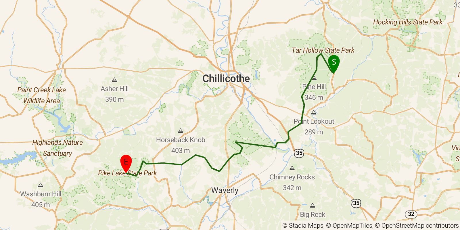 Route map of the Buckeye Trail (Scioto Trail) on OpenStreetMap terrain