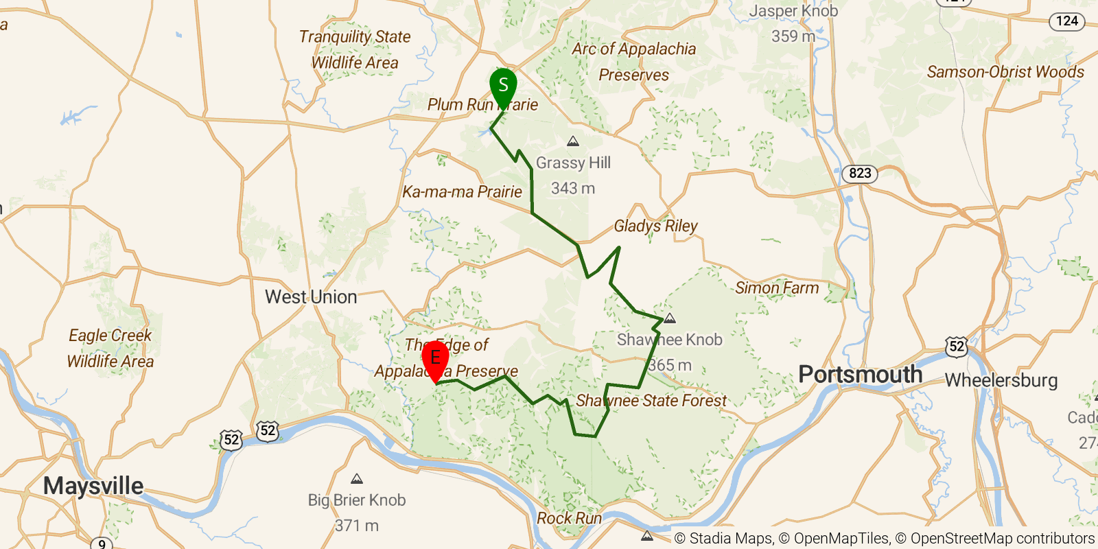 Route map of the Buckeye Trail (Shawnee) on OpenStreetMap terrain