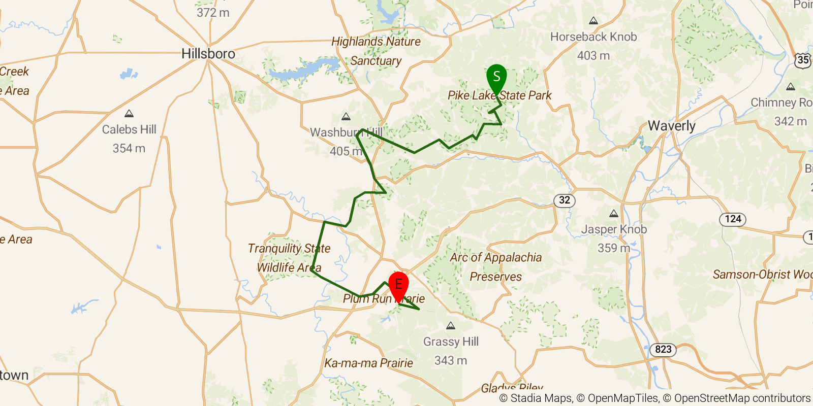 Route map of the Buckeye Trail (Sinking Spring) on OpenStreetMap terrain
