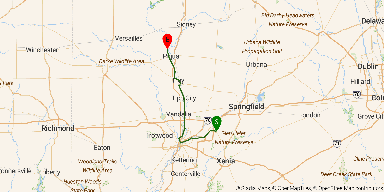 Route map of the Buckeye Trail (Troy) on OpenStreetMap terrain
