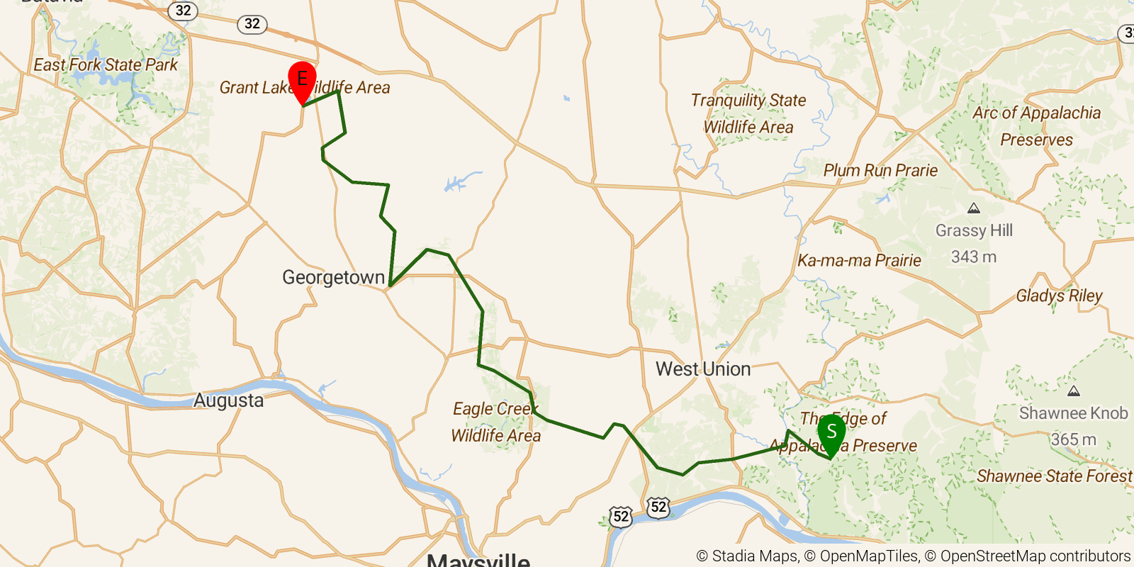 Route map of the Buckeye Trail (West Union) on OpenStreetMap terrain