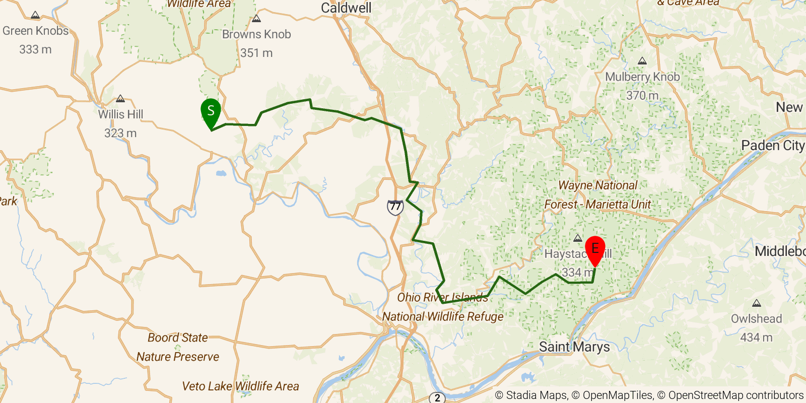 Route map of the Buckeye Trail (Whipple) on OpenStreetMap terrain