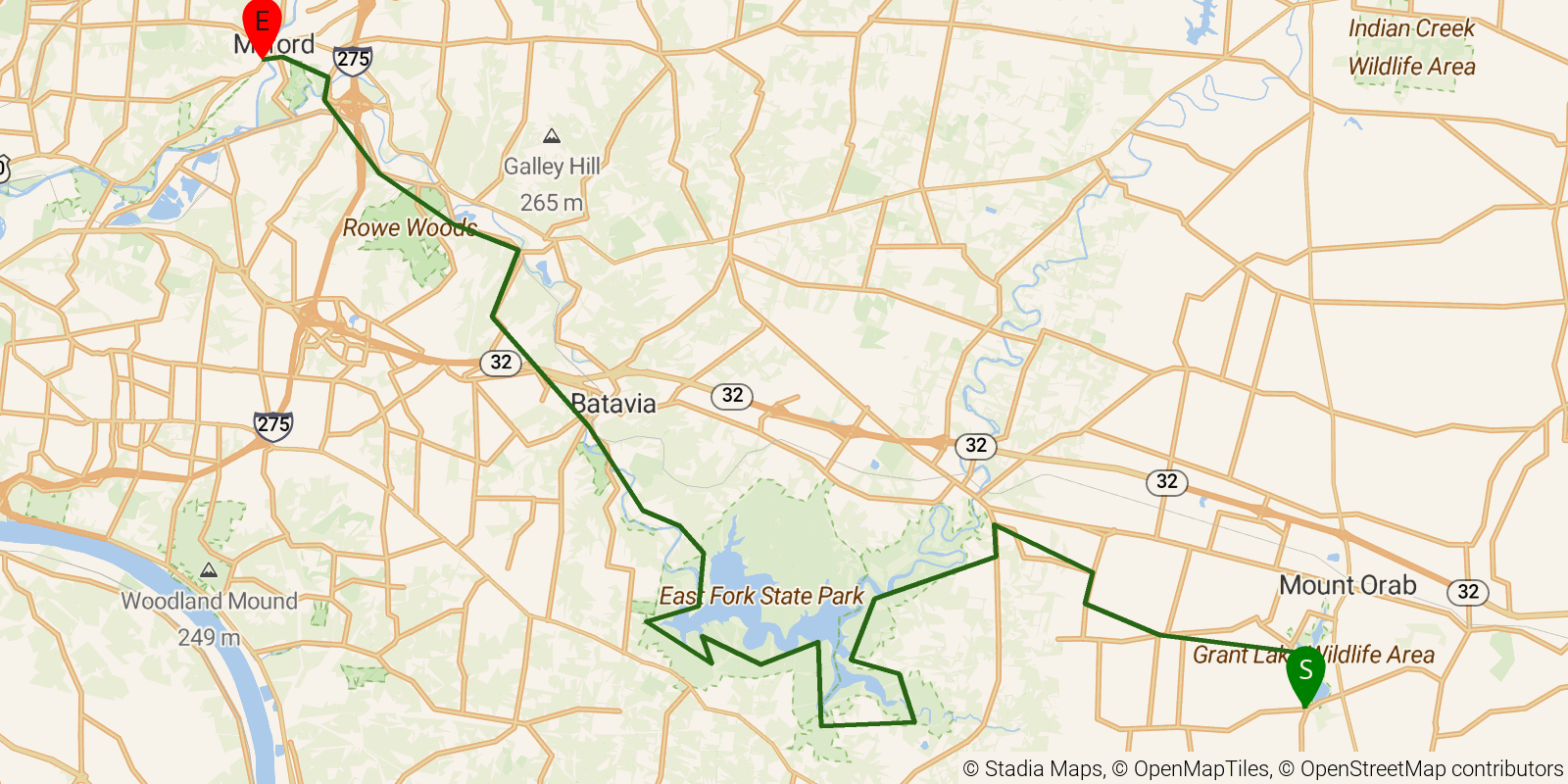 Route map of the Buckeye Trail (Williamsburg) on OpenStreetMap terrain