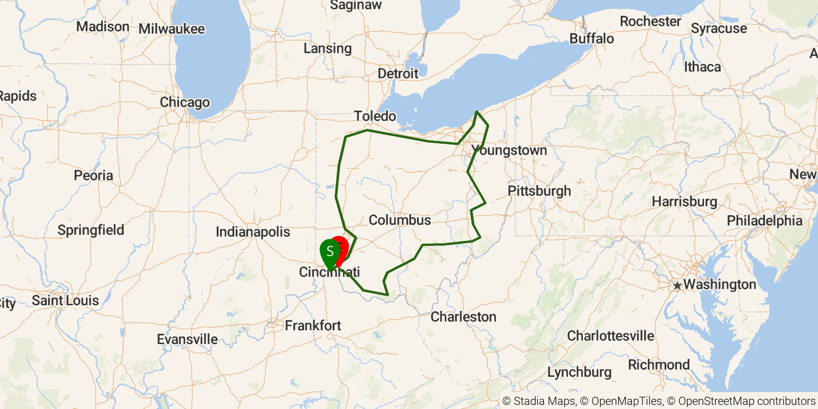 Route map of the Buckeye Trail on OpenStreetMap terrain