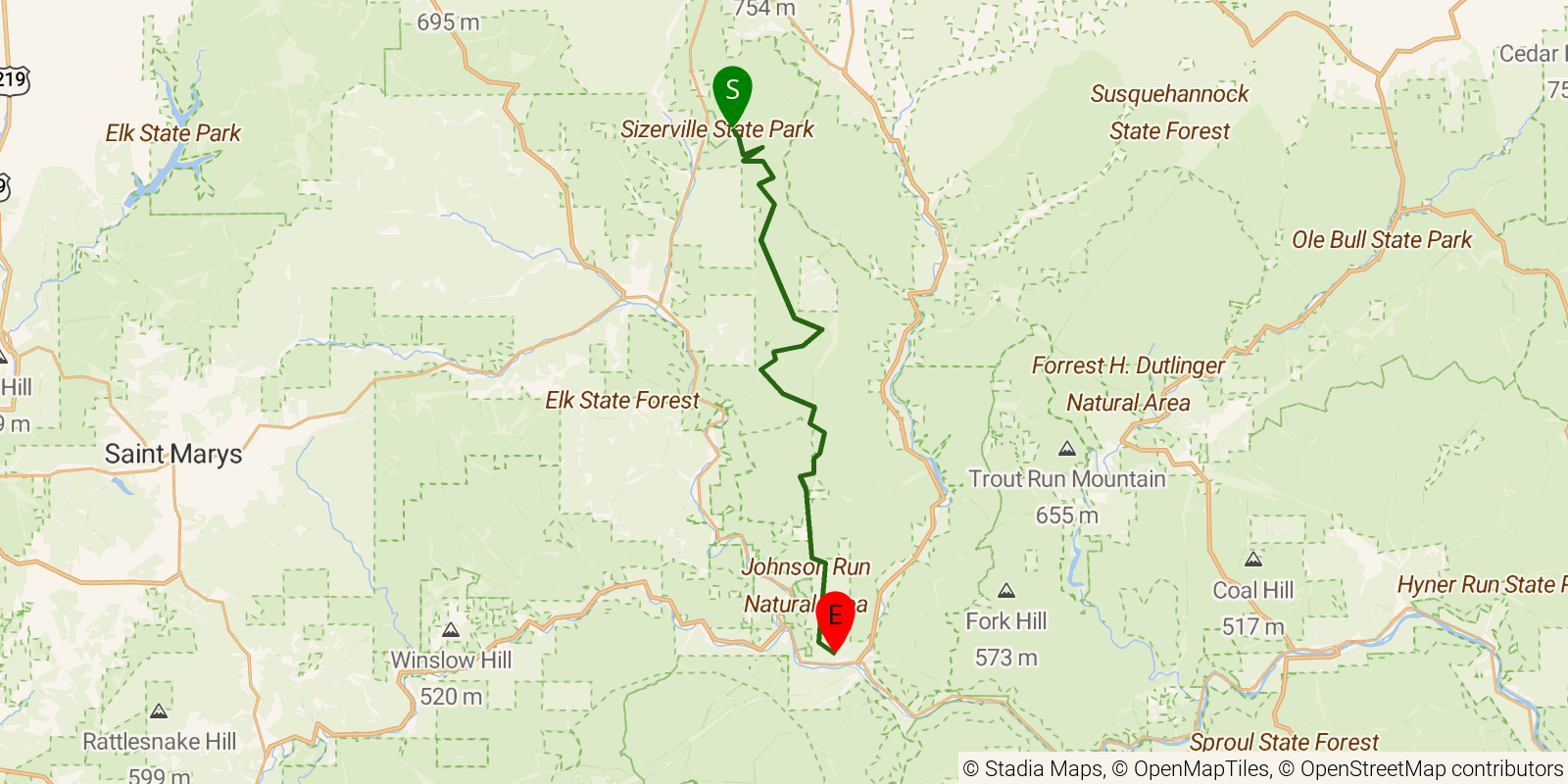 Route map of the Bucktail Path on OpenStreetMap terrain