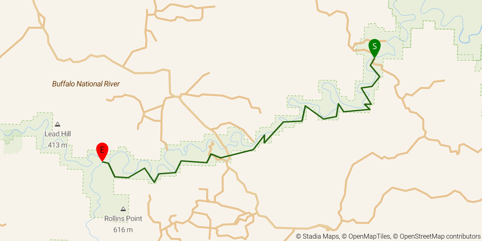 Route map of the Buffalo River Trail on OpenStreetMap terrain