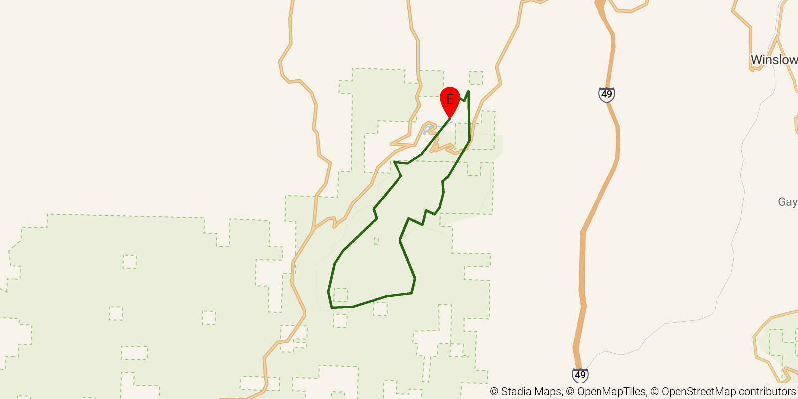 Route map of the Butterfield Hiking Trail on OpenStreetMap terrain