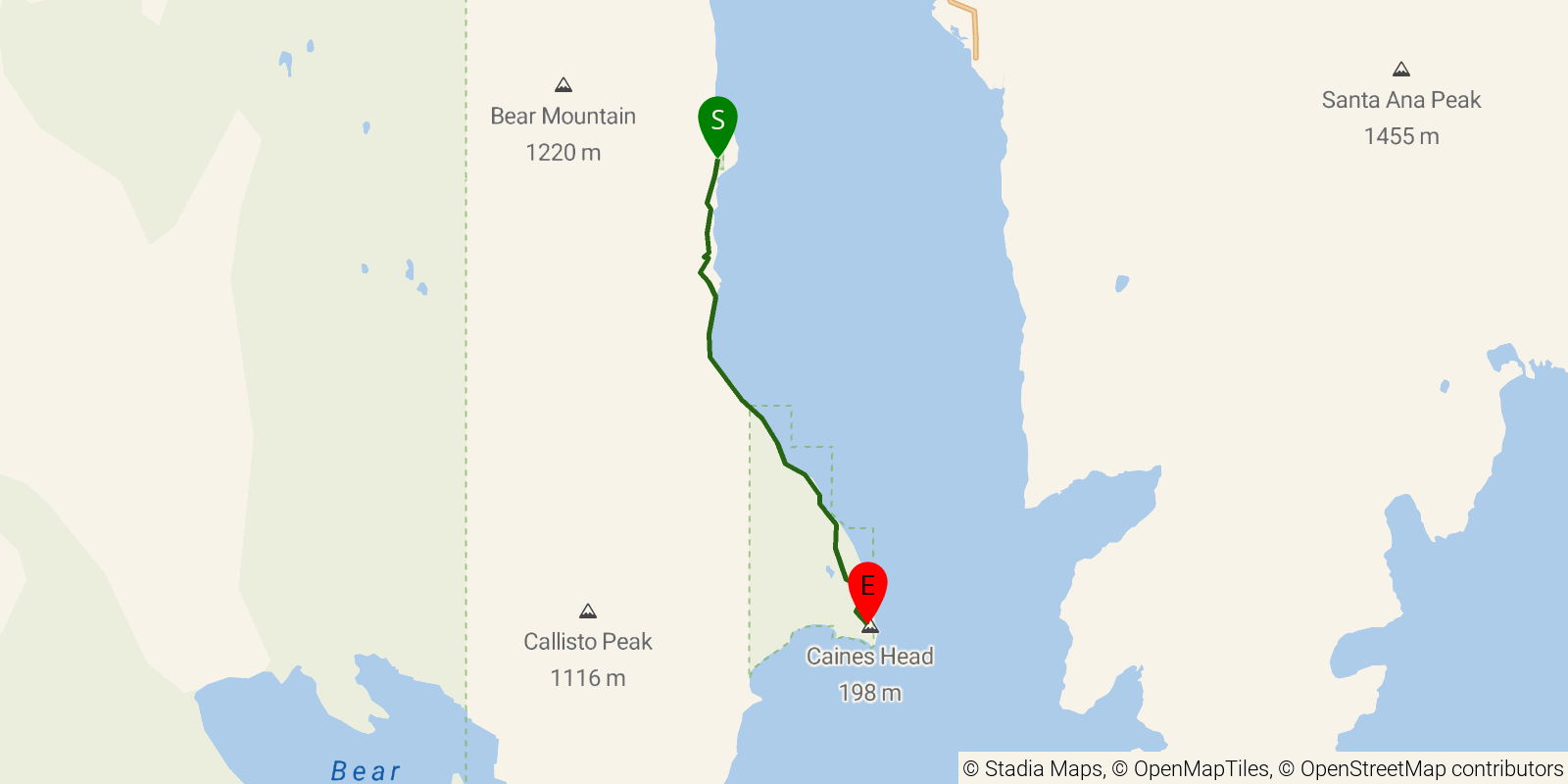 Route map of the Caines Head Trail on OpenStreetMap terrain