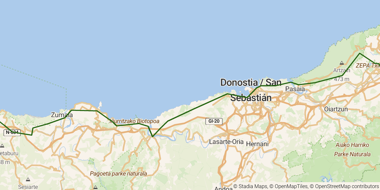 Route map of the Camino del Norte — Stages 1–3: Irún to Deba on OpenStreetMap terrain
