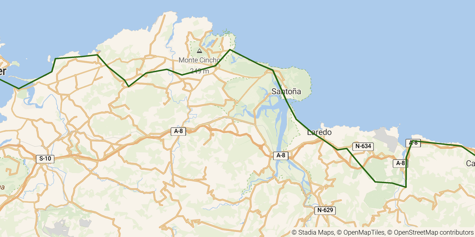 Route map of the Camino del Norte — Stages 10–12: Castro Urdiales to Santander on OpenStreetMap terrain